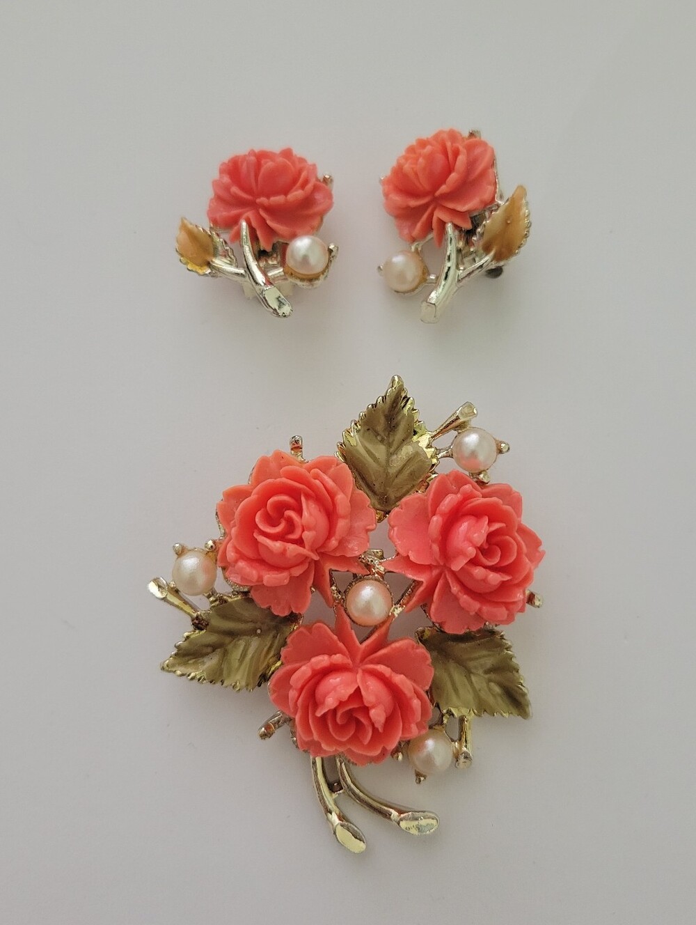 Vintage Coral Thermoset Carved Roses & Pearl Clip-On Earrings, Pin or Brooch Set